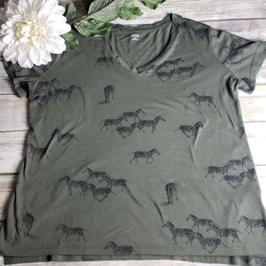 Army Green with Zebra Print V-neck Shirt